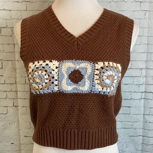 Sunday Best Crochet Knit Squares Cropped Sweater Vest S Boho Academia Grannycore